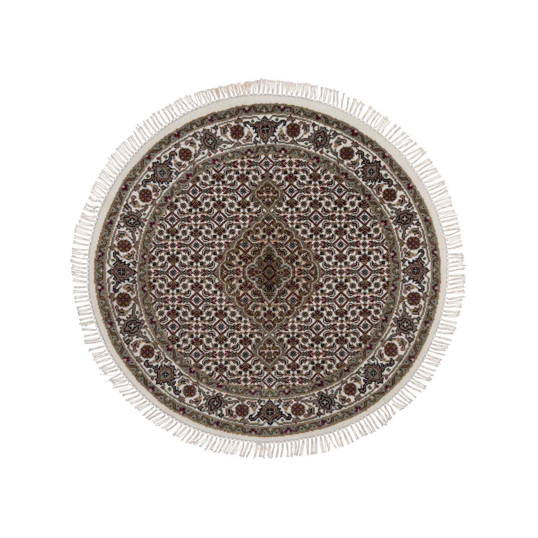 Pearl White, Tabriz Mahi with Fish Medallion Design, 100% Wool, Hand Knotted, 175 KPSI, Round, Oriental Rug